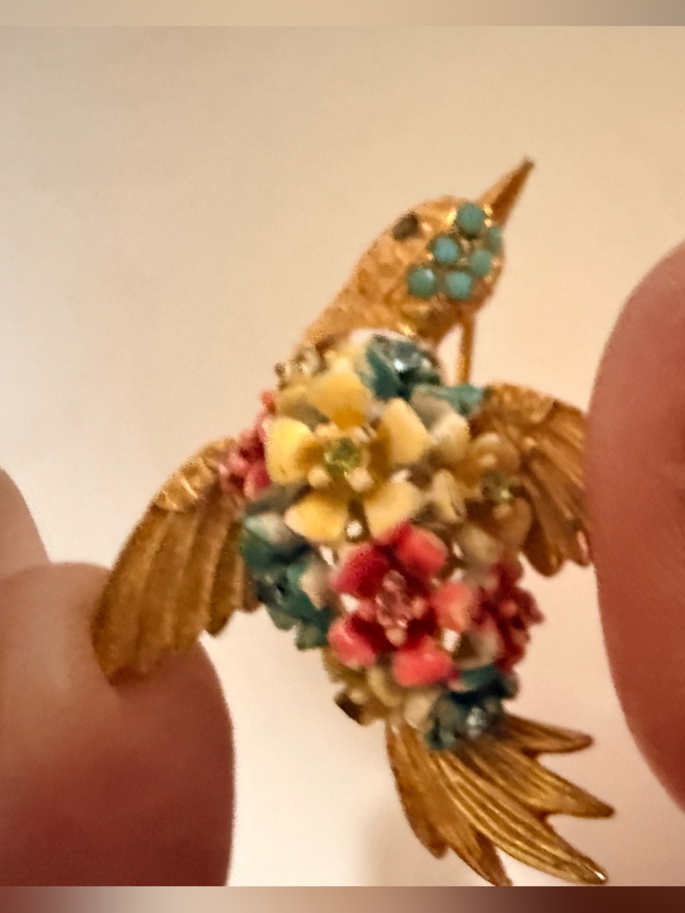 Vintage Gold-tone Floral Hummingbird Brooch with Multicolor Enamel Flowers